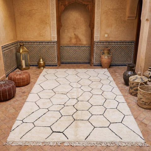 Cream & Black Thin Honeycomb Custom Beni Ourain Moroccan Rug - Africancreates
