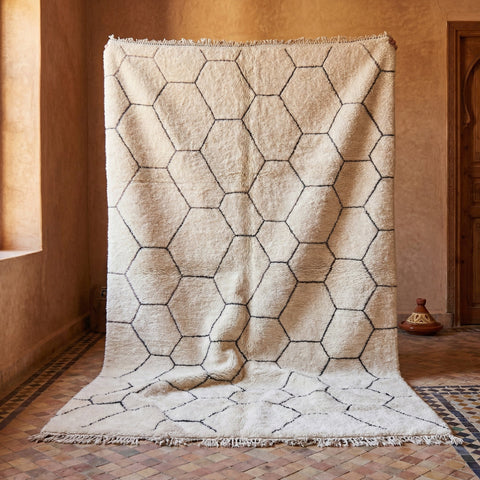 Cream & Black Thin Honeycomb Custom Beni Ourain Moroccan Rug - Africancreates