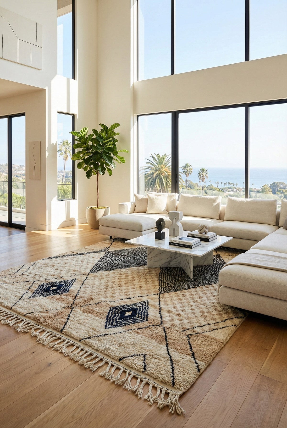 Cream & Black Two Filled Diamonds Custom Moroccan Rug - Africancreates