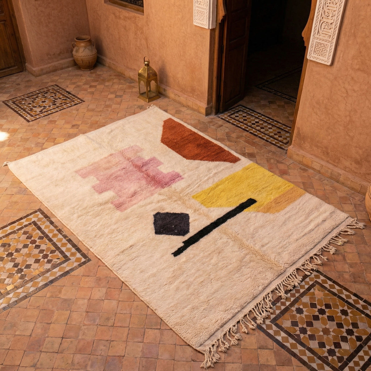 Cream Bright Abstract Symbols Custom Moroccan Rug - Africancreates