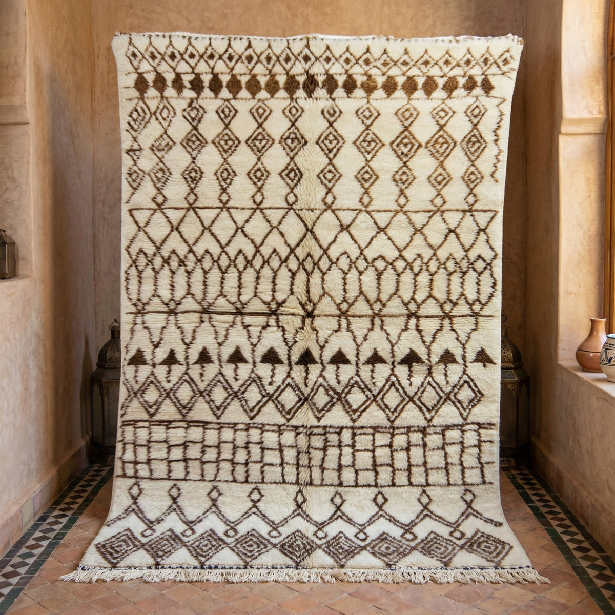 Cream & Brown Stacked Geometric Bands Custom Beni Ourain Moroccan Rug - Africancreates