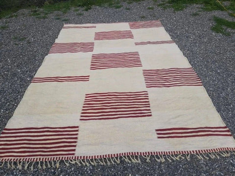 Cream & Burgundy Striped Rectangles Custom Moroccan Rug - Africancreates