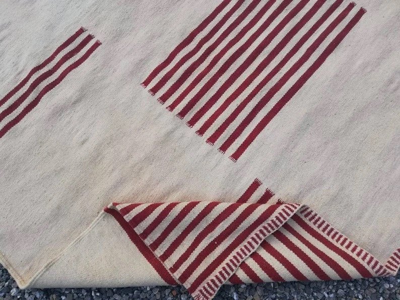 Cream & Burgundy Striped Rectangles Custom Moroccan Rug - Africancreates