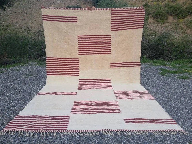 Cream & Burgundy Striped Rectangles Custom Moroccan Rug - Africancreates