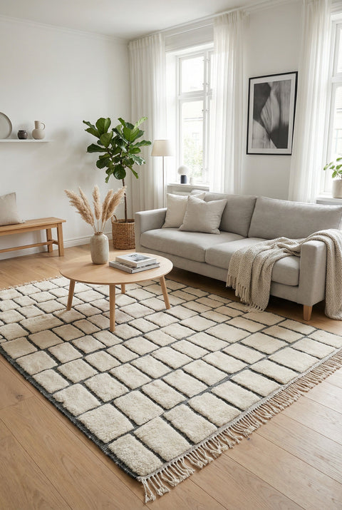 Cream & Charcoal Cobblestones Custom Moroccan Rug - Africancreates