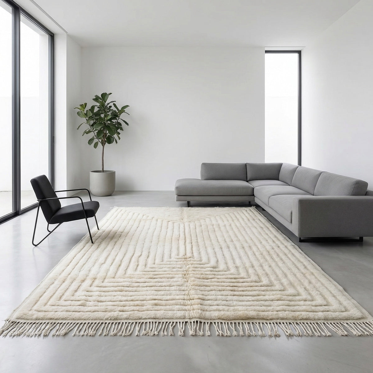 Cream Concentric Relief Rectangles Custom Moroccan Rug - Africancreates