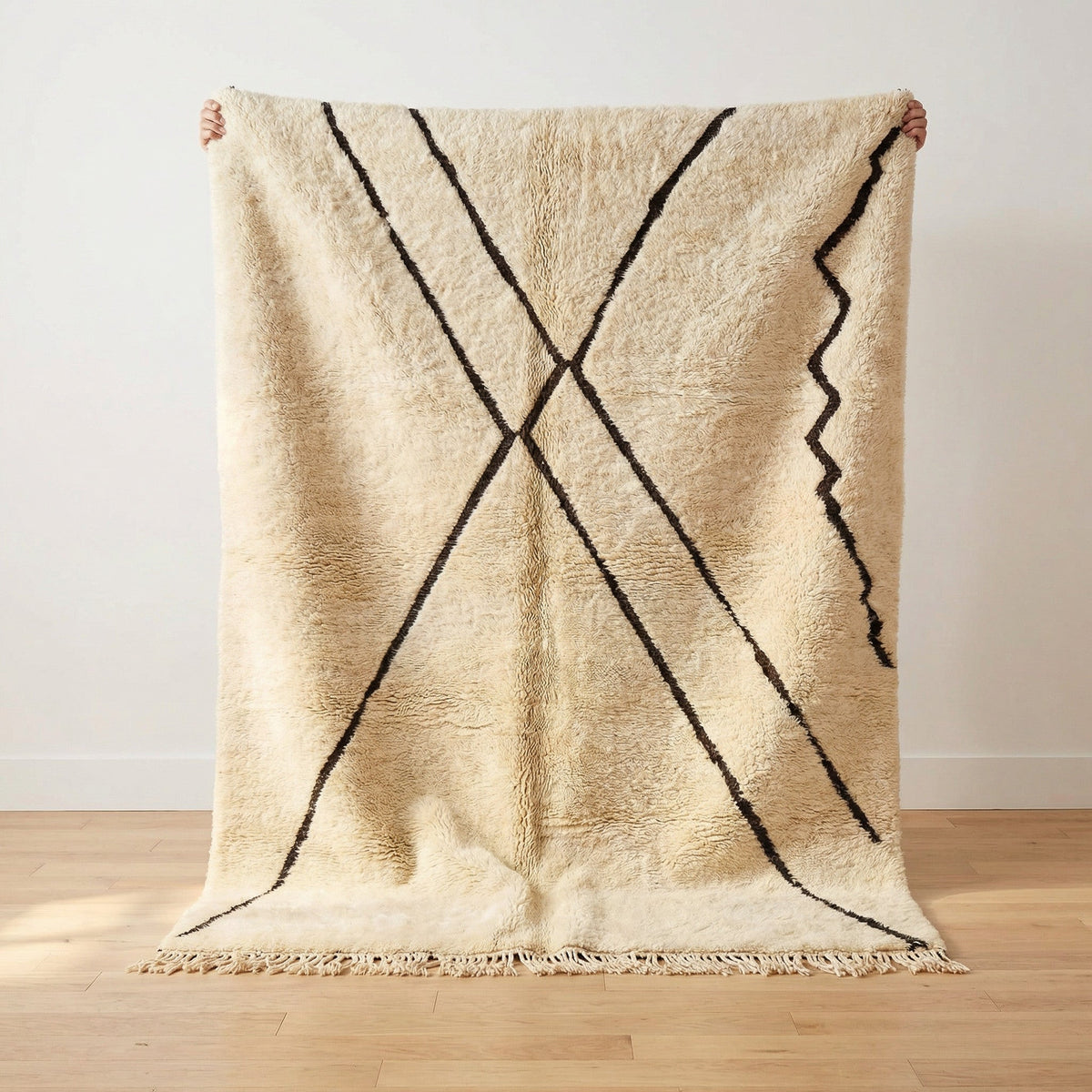 Cream Crossing Diagonal Lines And Zigzag Edge Custom Beni Ourain Moroccan Rug - Africancreates