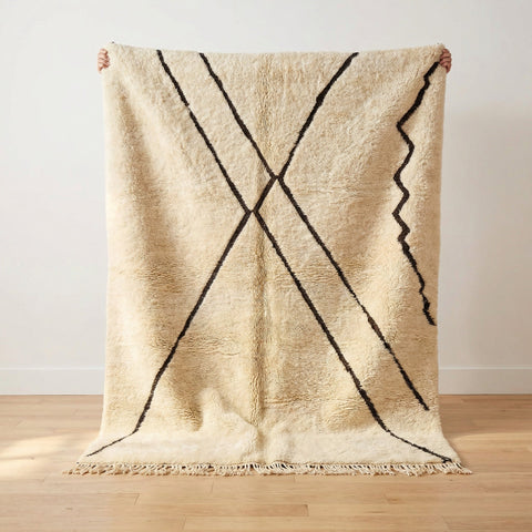 Cream Crossing Diagonal Lines And Zigzag Edge Custom Beni Ourain Moroccan Rug - Africancreates