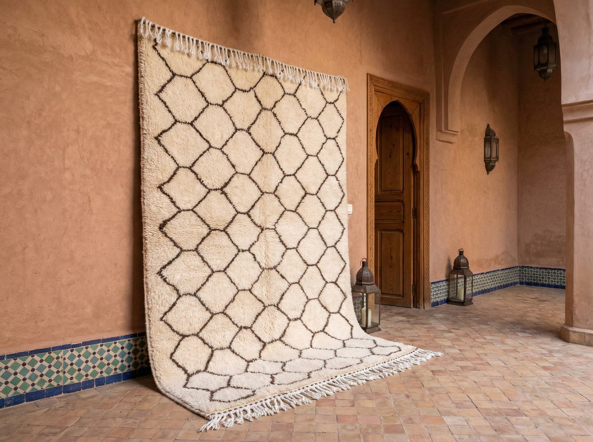 Cream Dark Rounded Diamond Lattice Custom Moroccan Rug - Africancreates