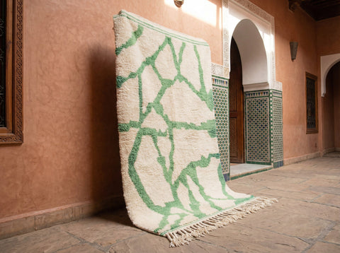 Cream & Emerald Thick Irregular Web Custom Moroccan Rug - Africancreates