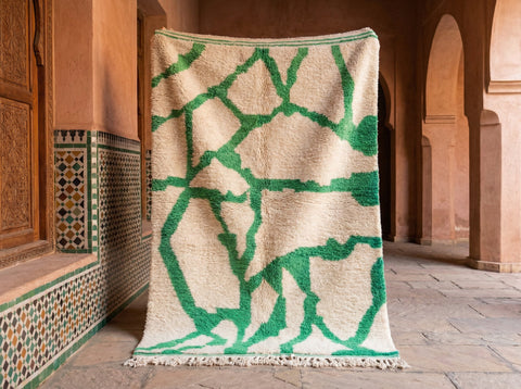 Cream & Emerald Thick Irregular Web Custom Moroccan Rug - Africancreates