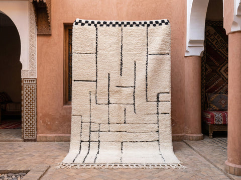 Cream Fine Broken Black Grid Triangle Edge Custom Moroccan Rug - Africancreates