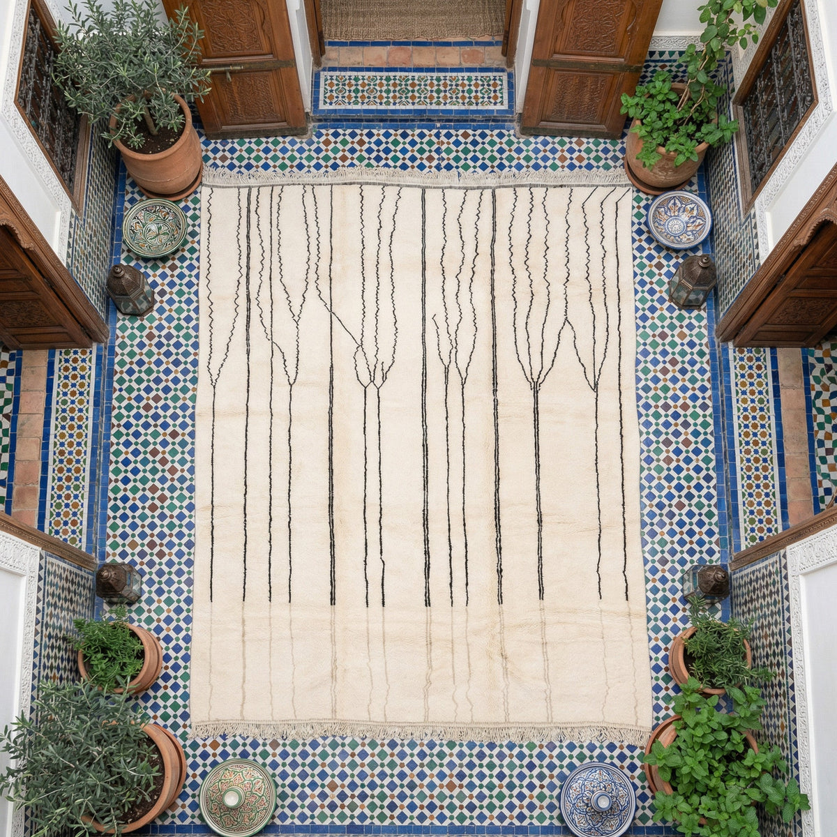 Cream Fine Brown Branching Vertical Lines Custom Moroccan Rug - Africancreates