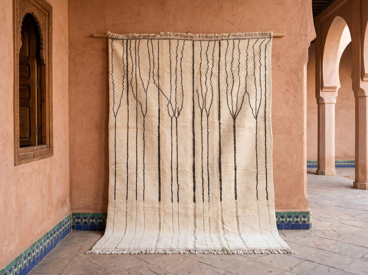 Cream Fine Brown Branching Vertical Lines Custom Moroccan Rug - Africancreates