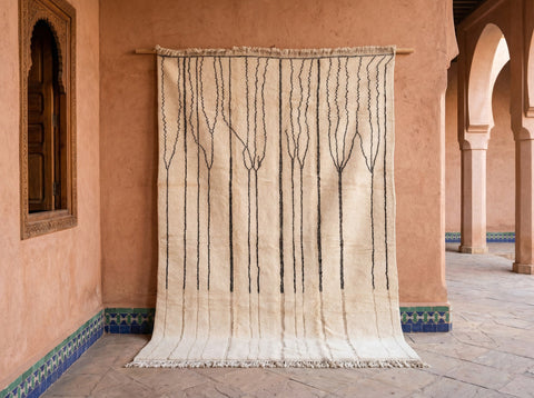 Cream Fine Brown Branching Vertical Lines Custom Moroccan Rug - Africancreates