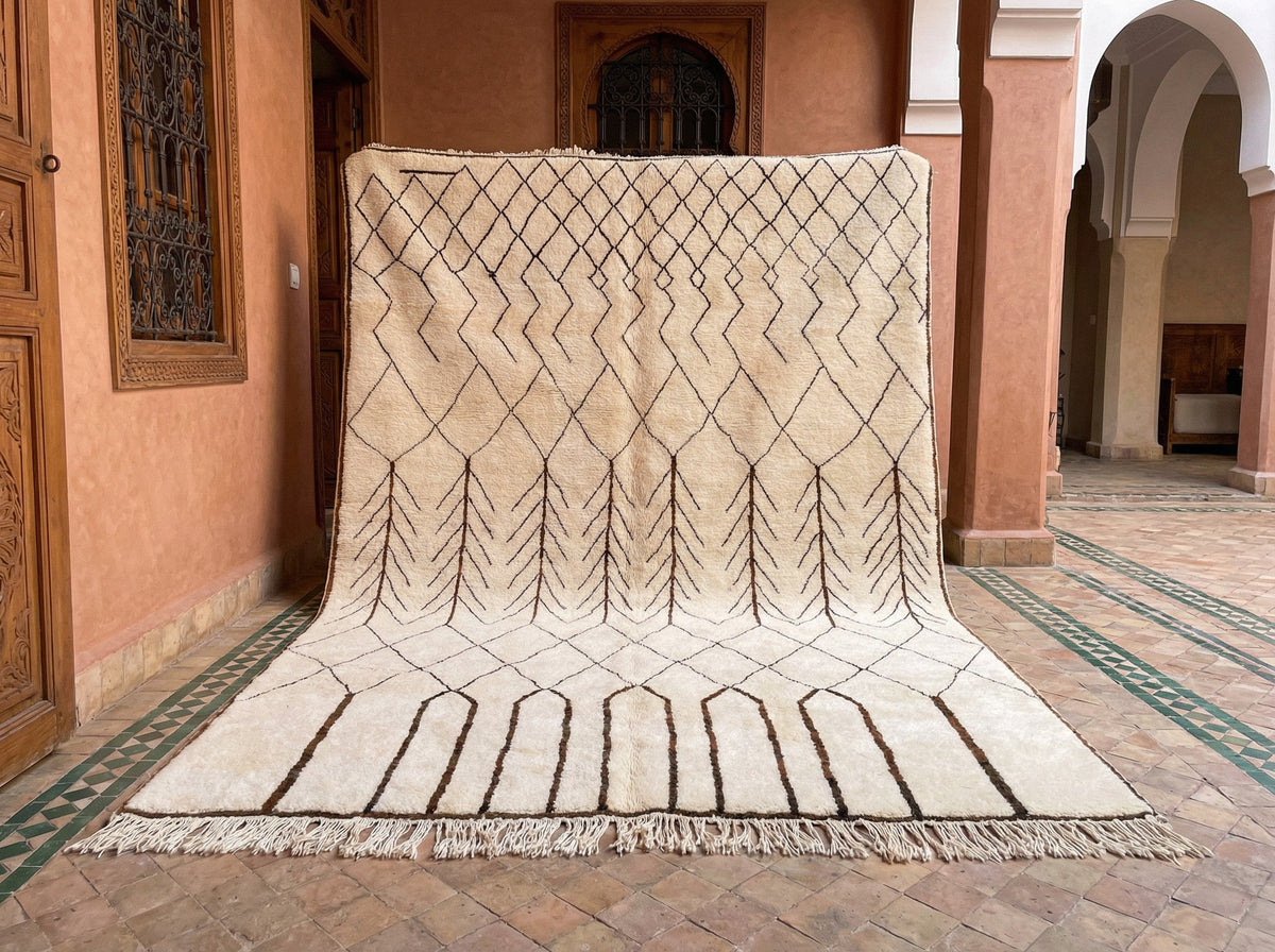 Cream Fine Brown Lattice Turning To Vertical Custom Moroccan Rug - Africancreates