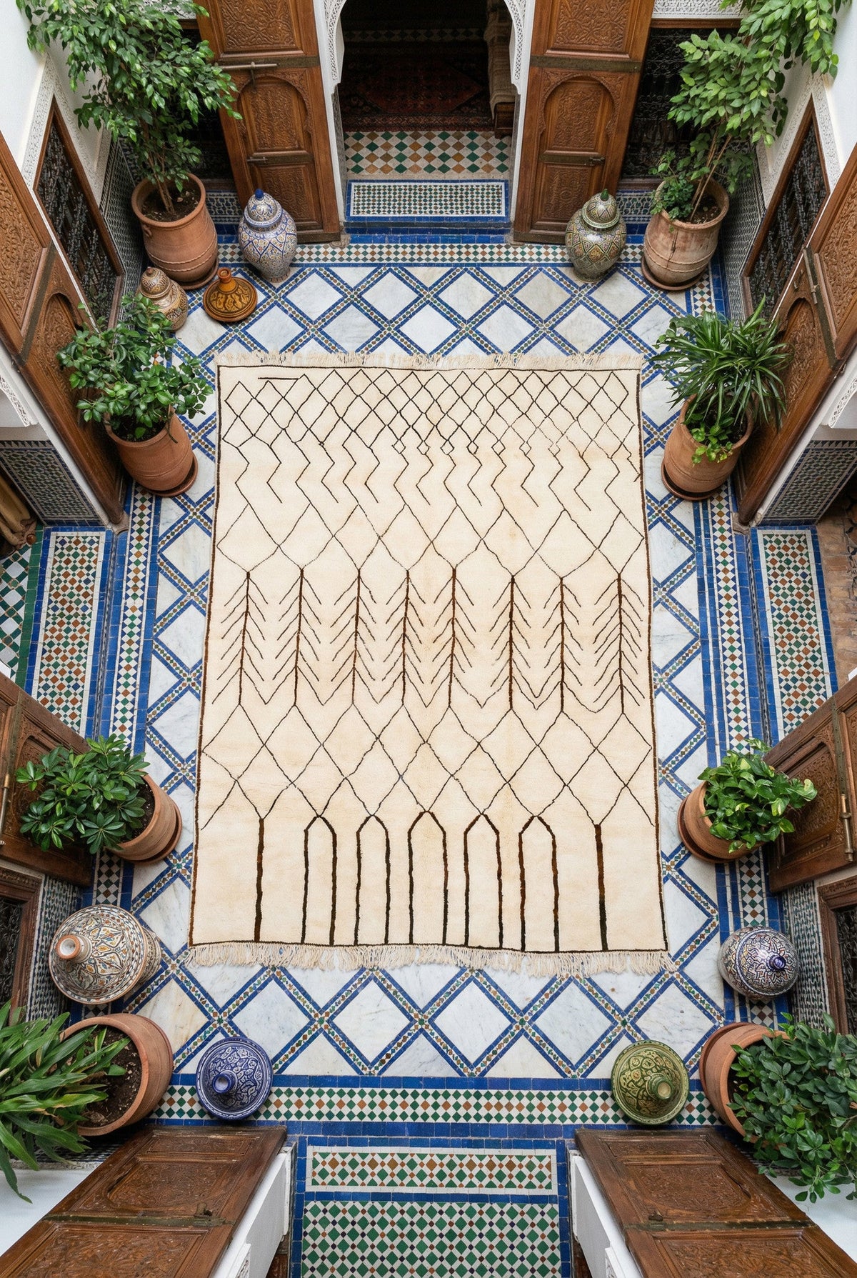 Cream Fine Brown Lattice Turning To Vertical Custom Moroccan Rug - Africancreates