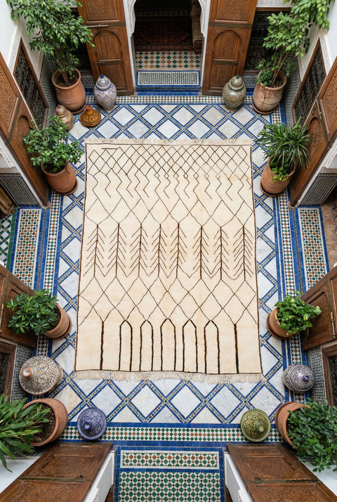 Cream Fine Brown Lattice Turning To Vertical Custom Moroccan Rug - Africancreates