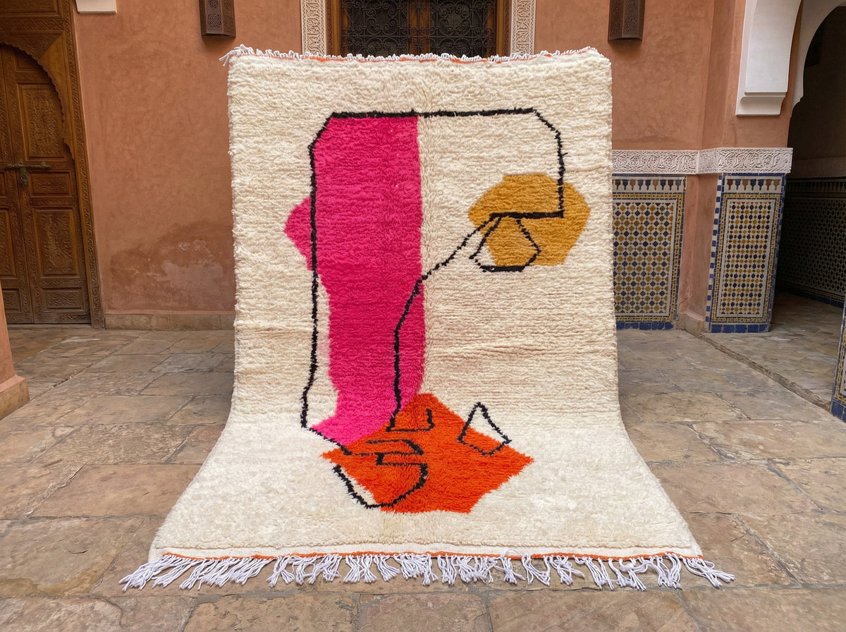 Cream, Fuchsia & Orange Abstract Outlined Shapes Custom Moroccan Rug - Africancreates
