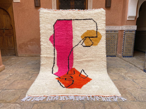 Cream, Fuchsia & Orange Abstract Outlined Shapes Custom Moroccan Rug - Africancreates