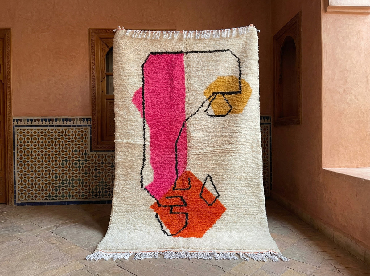 Cream, Fuchsia & Orange Abstract Outlined Shapes Custom Moroccan Rug - Africancreates