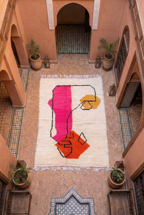Cream, Fuchsia & Orange Abstract Outlined Shapes Custom Moroccan Rug - Africancreates