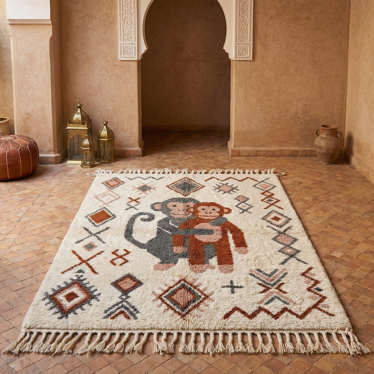 Cream Illustrated Monkeys Geometric Border Custom Moroccan Rug - Africancreates