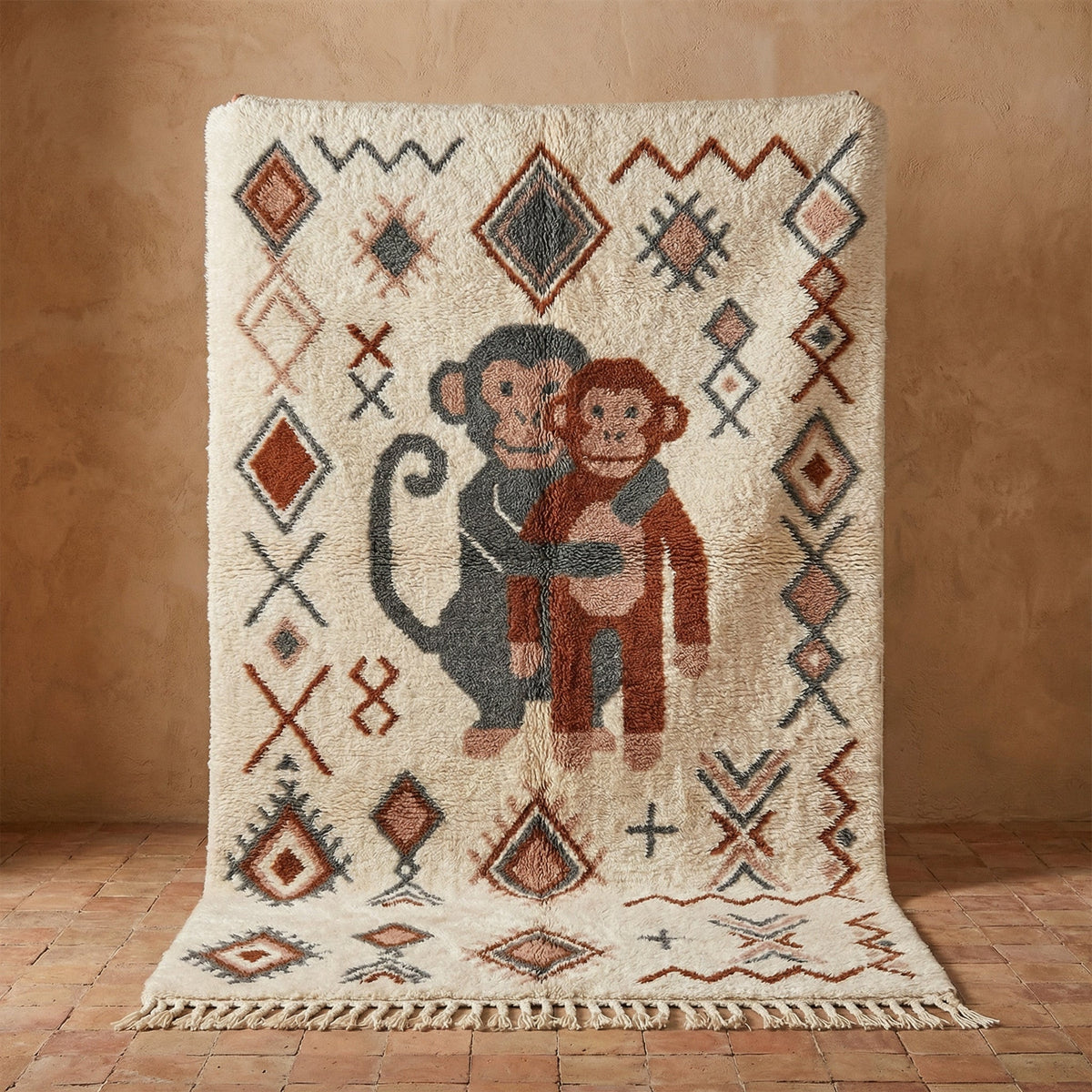 Cream Illustrated Monkeys Geometric Border Custom Moroccan Rug - Africancreates