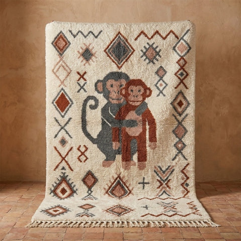 Cream Illustrated Monkeys Geometric Border Custom Moroccan Rug - Africancreates