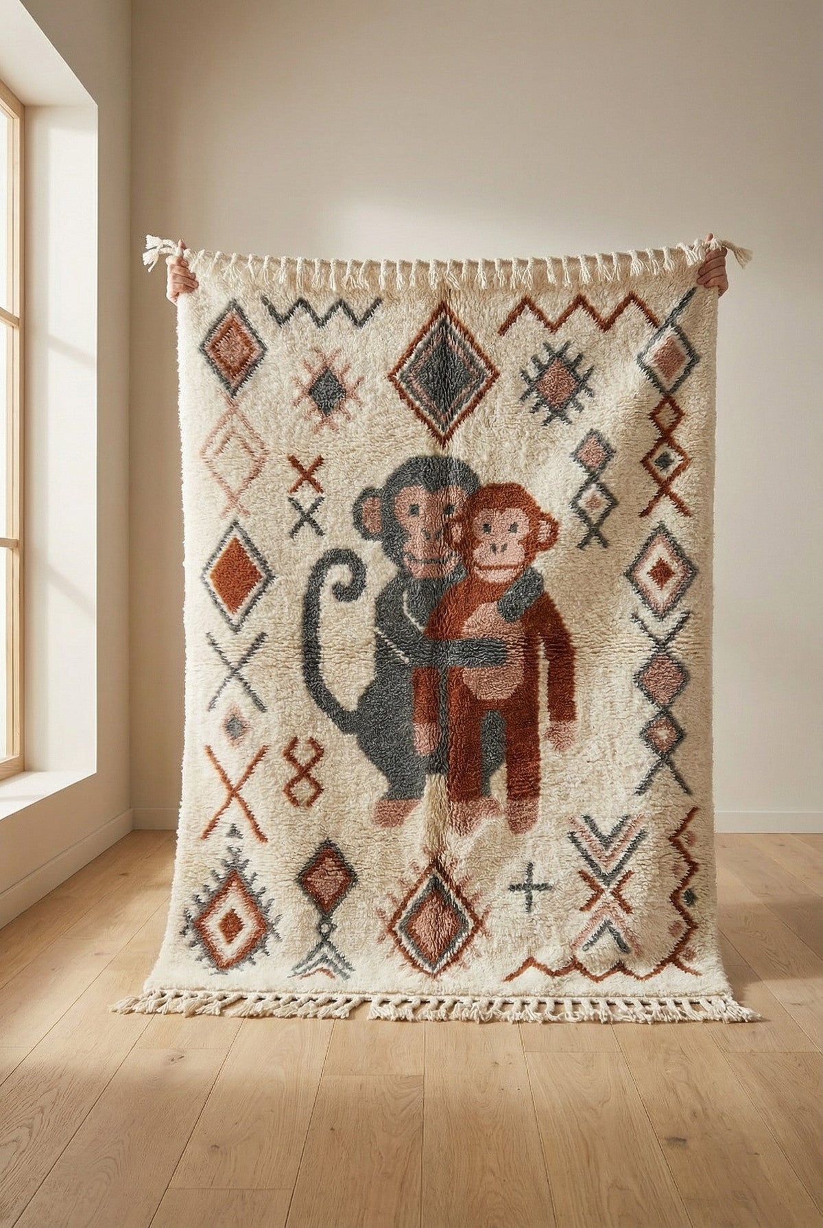 Cream Illustrated Monkeys Geometric Border Custom Moroccan Rug - Africancreates