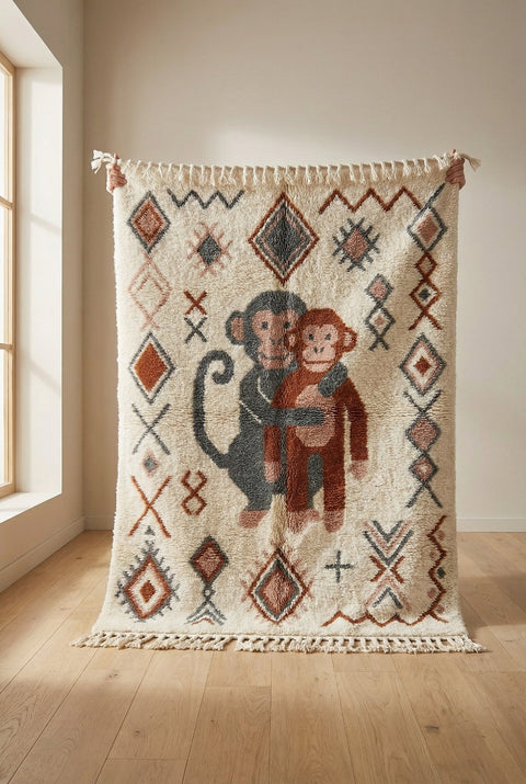Cream Illustrated Monkeys Geometric Border Custom Moroccan Rug - Africancreates
