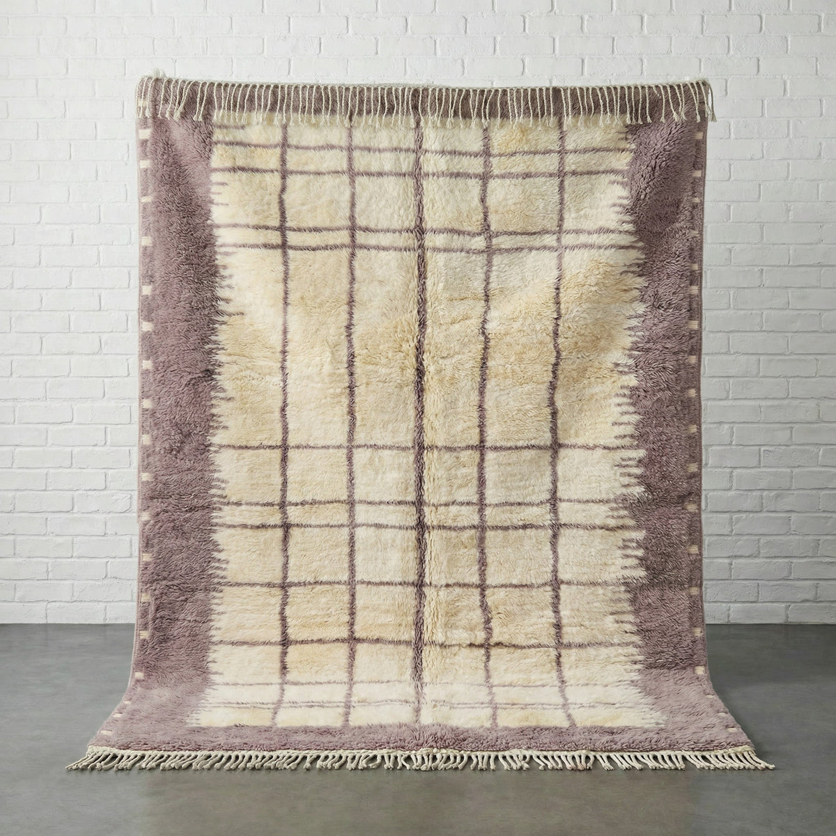 Cream & Lavender Border Irregular Grid Custom Moroccan Rug - Africancreates