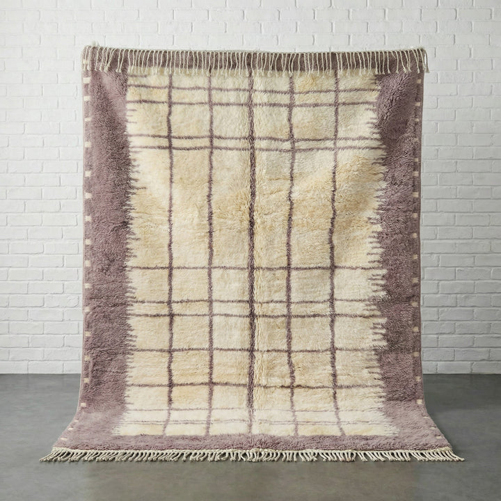 Cream & Lavender Border Irregular Grid Custom Moroccan Rug - Africancreates