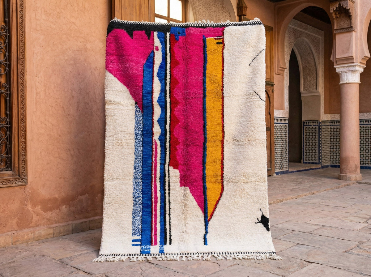 Cream, Magenta & Blue Elongated Bars Custom Moroccan Rug - Africancreates