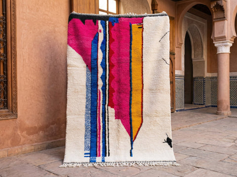 Cream, Magenta & Blue Elongated Bars Custom Moroccan Rug - Africancreates