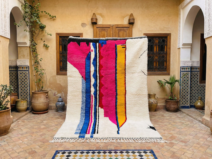 Cream, Magenta & Blue Elongated Bars Custom Moroccan Rug - Africancreates