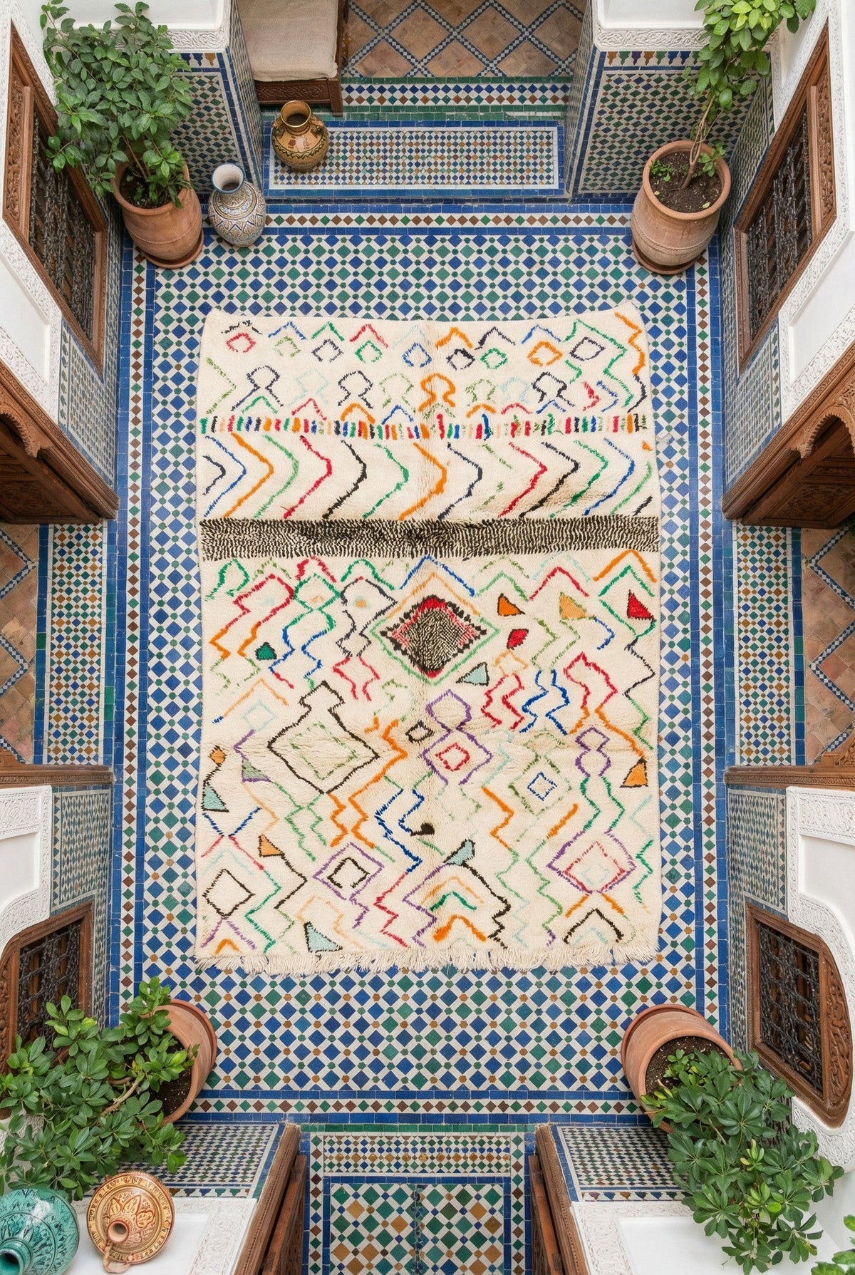 Cream & Multicolor Dense Diamond Zigzags Custom Moroccan Rug - Africancreates