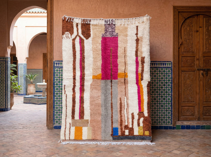 Cream & Multicolor Fine Stripe Blocks Custom Moroccan Rug - Africancreates