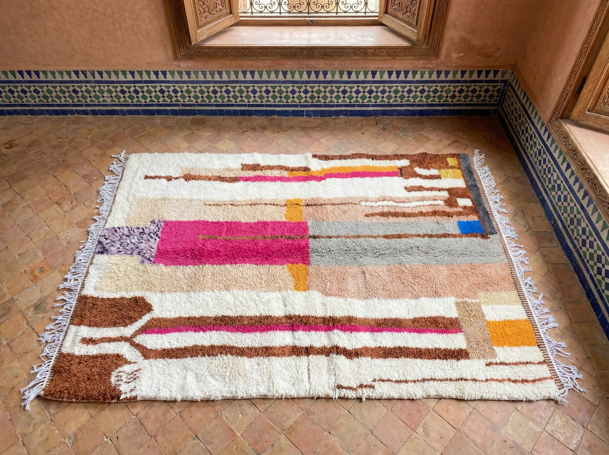Cream & Multicolor Fine Stripe Blocks Custom Moroccan Rug - Africancreates
