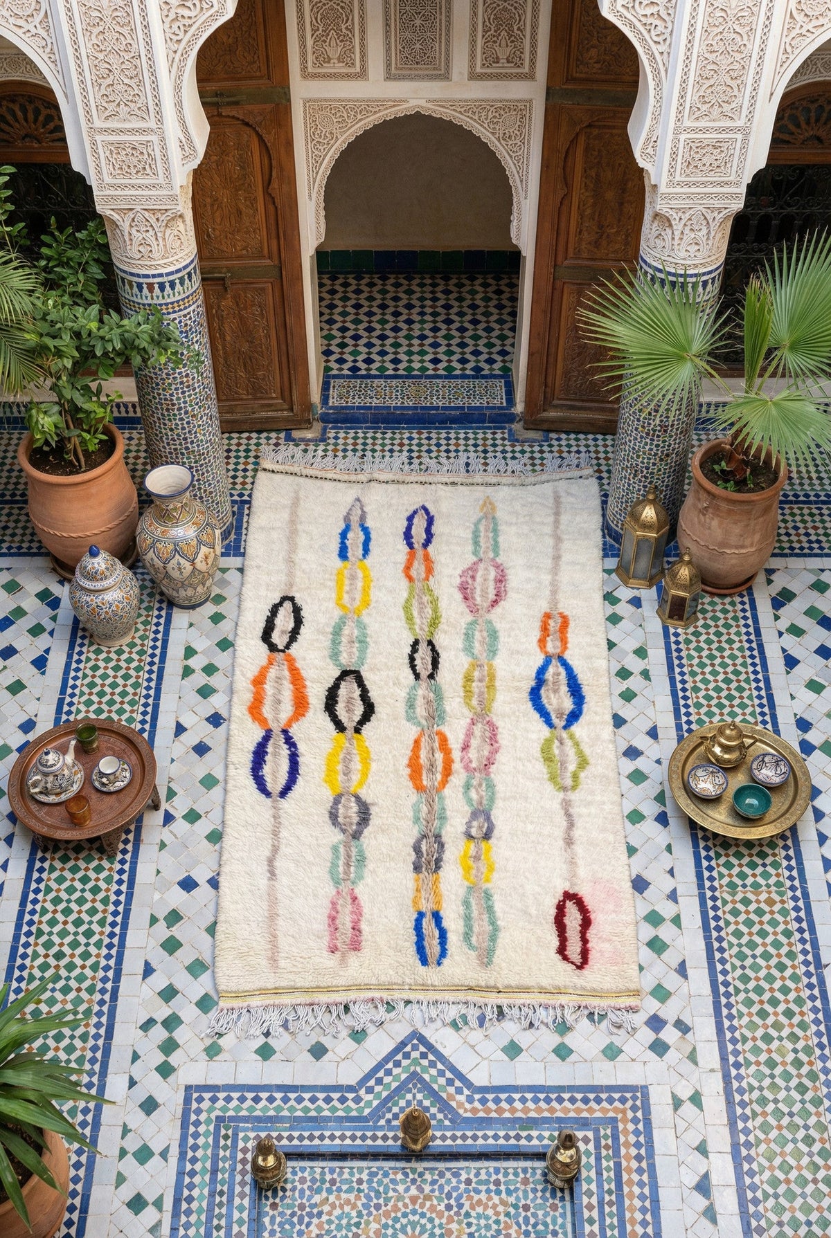 Cream & Multicolor Outlined Oval Columns Custom Moroccan Rug - Africancreates