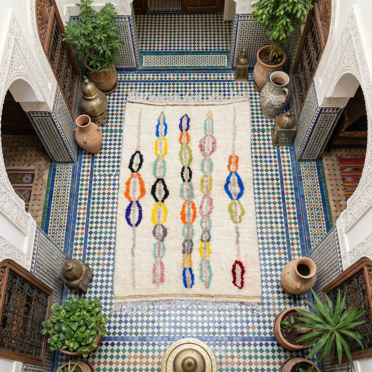 Cream & Multicolor Outlined Oval Columns Custom Moroccan Rug - Africancreates
