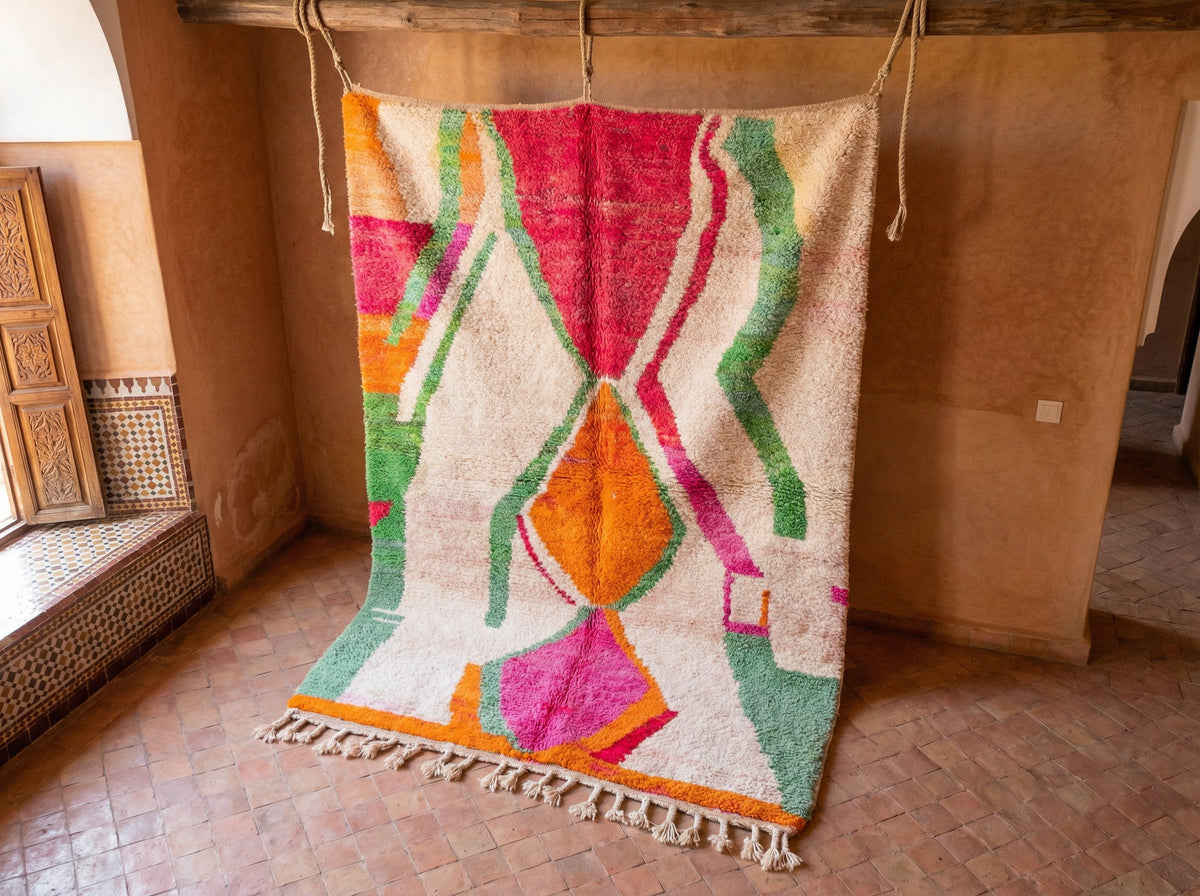 Cream & Multicolor Wavy Hourglass Custom Moroccan Rug - Africancreates