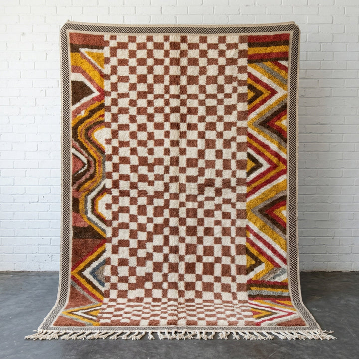 Cream & Multicolor Zigzag Border Checkerboard Custom Moroccan Rug - Africancreates