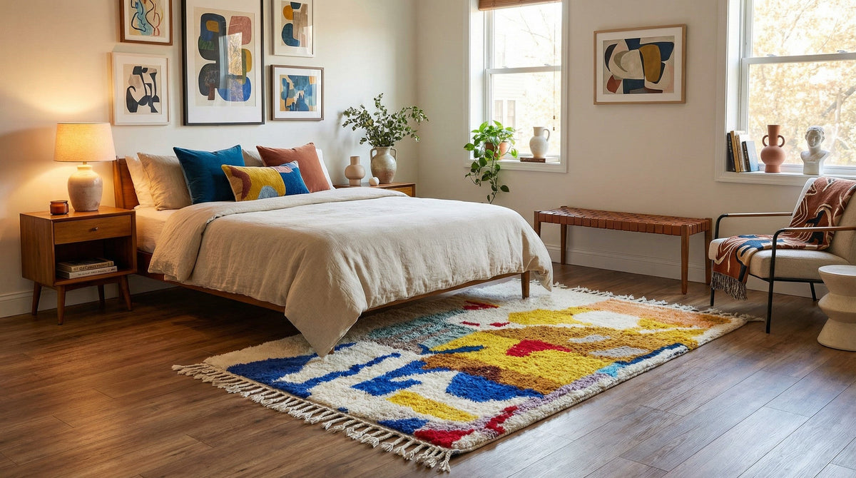 Cream, Mustard, Blue & Red Scattered Blocks Custom Moroccan Rug - Africancreates