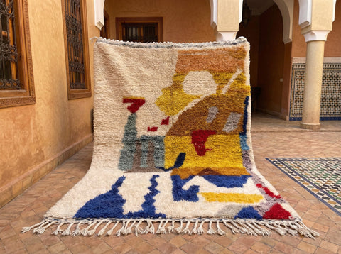 Cream, Mustard, Blue & Red Scattered Blocks Custom Moroccan Rug - Africancreates