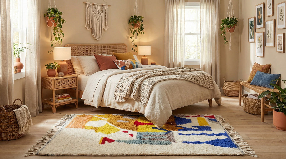 Cream, Mustard, Blue & Red Scattered Blocks Custom Moroccan Rug - Africancreates