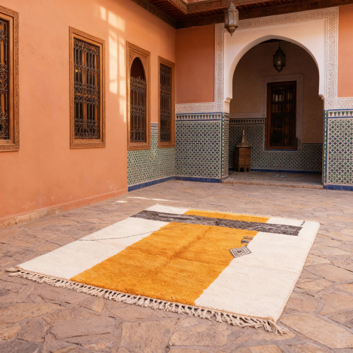 Cream & Mustard Column Charcoal Crossbar Custom Moroccan Rug - Africancreates
