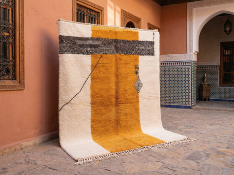 Cream & Mustard Column Charcoal Crossbar Custom Moroccan Rug - Africancreates