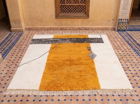 Cream & Mustard Column Charcoal Crossbar Custom Moroccan Rug - Africancreates