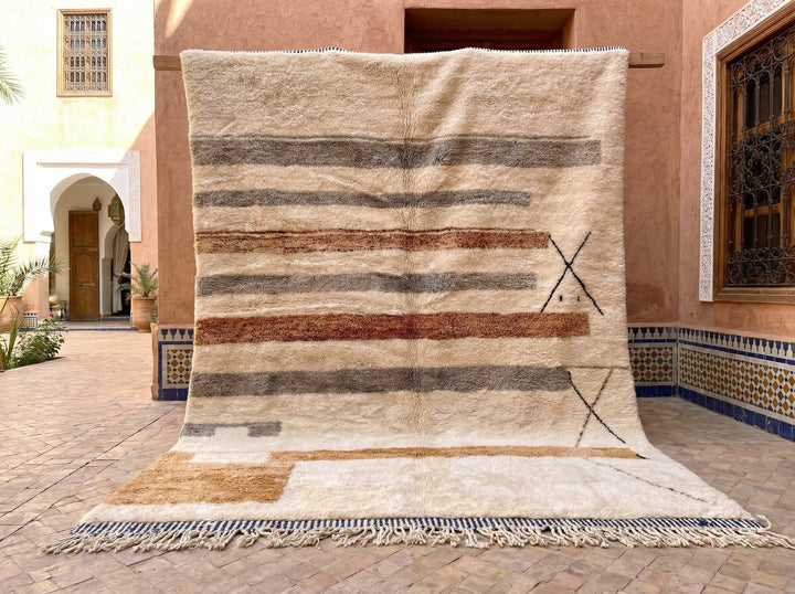 Cream Muted Horizontal Stripes Crossed Ends Custom Moroccan Rug - Africancreates